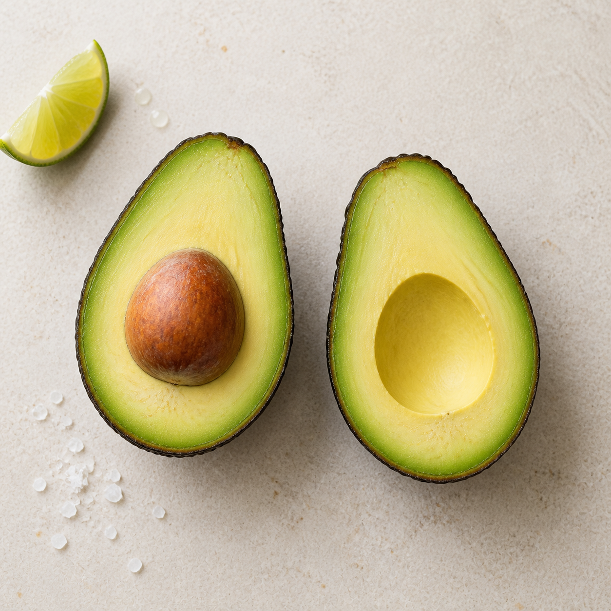 Halved ripe avocado with the pit, showing the green flesh, on a light surface