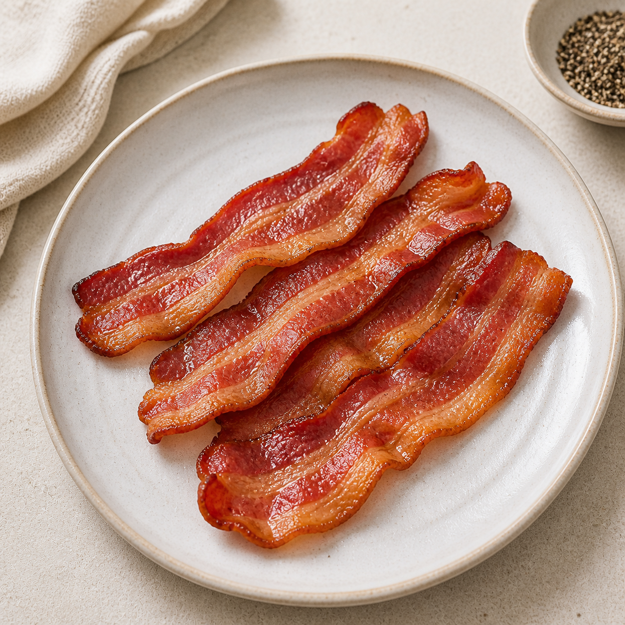 Crispy cooked bacon slices on a white plate