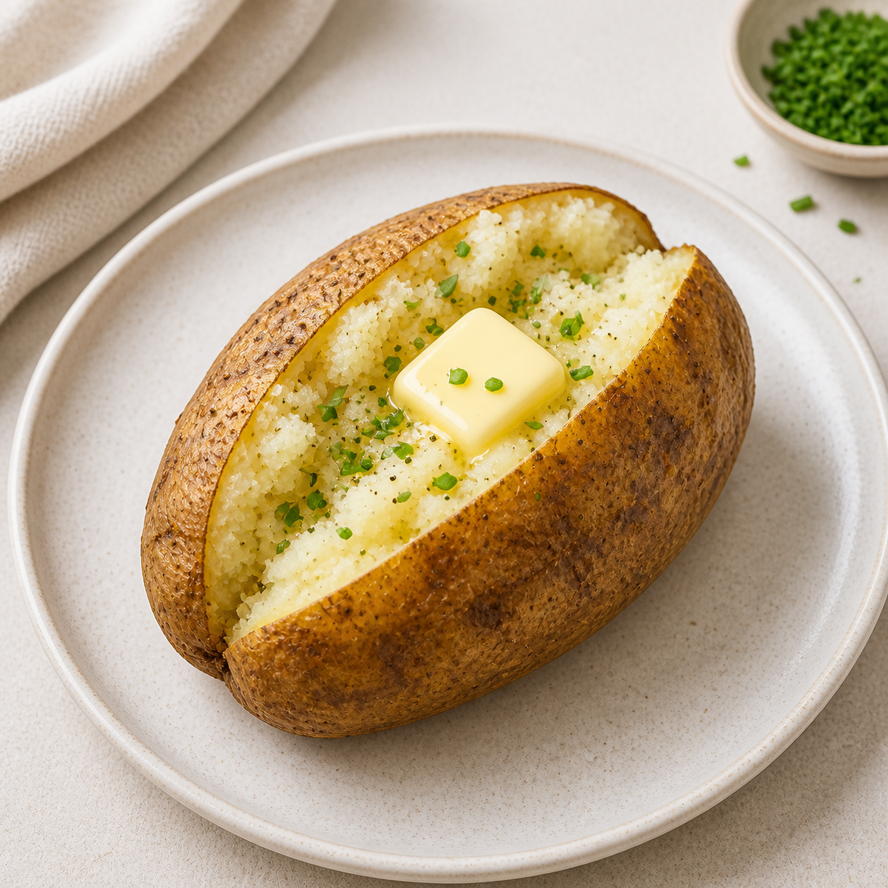 A baked potato split open with a pat of melting butter on a plate