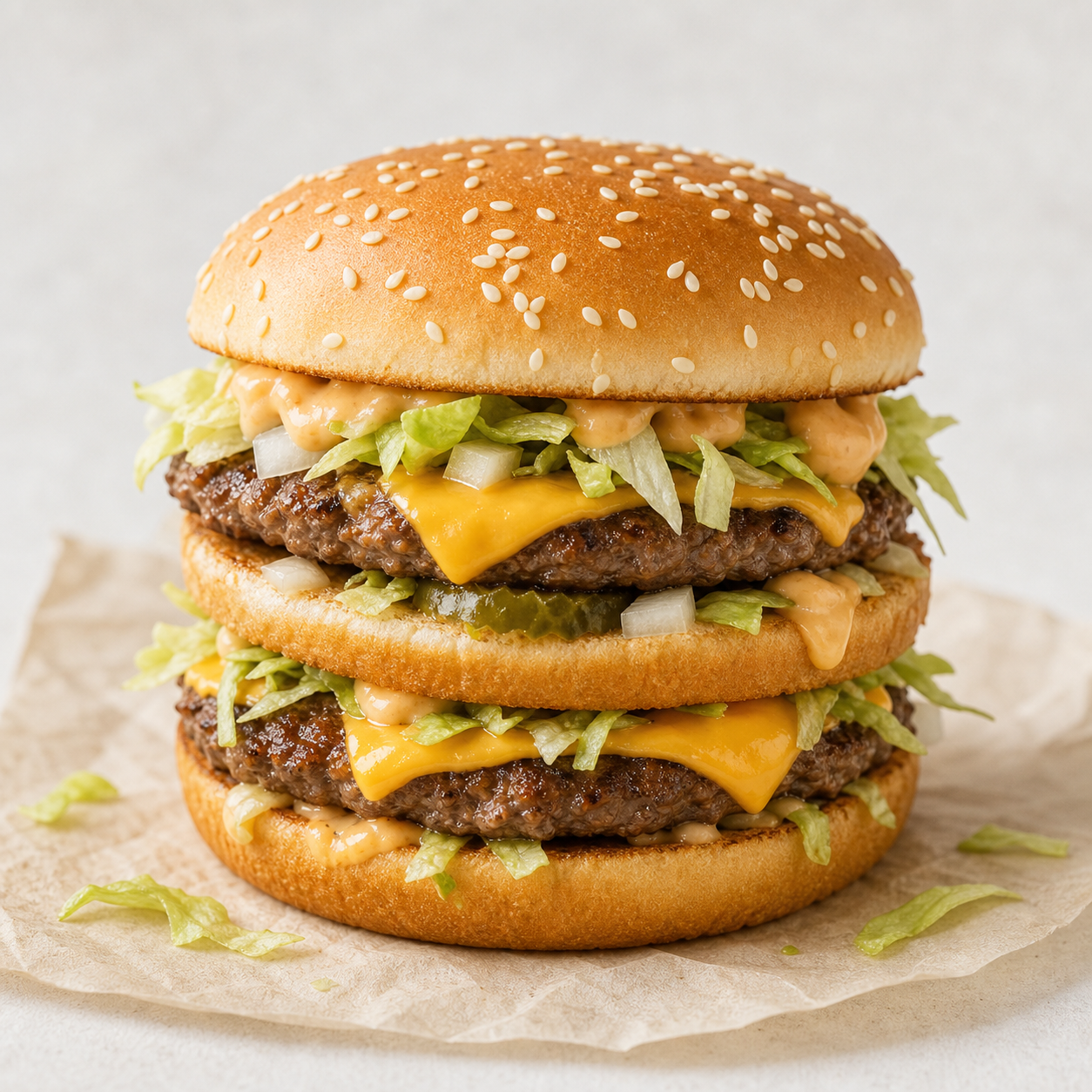 Big Mac-style double burger with two patties, cheese and special sauce on a three-part sesame bun