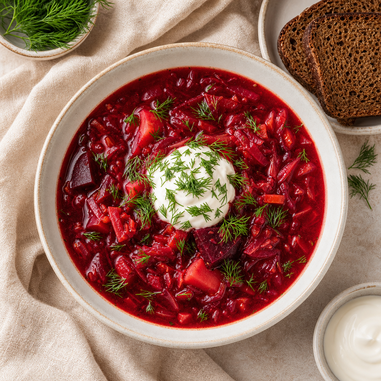 Bowl of red borscht with sour cream and rye bread