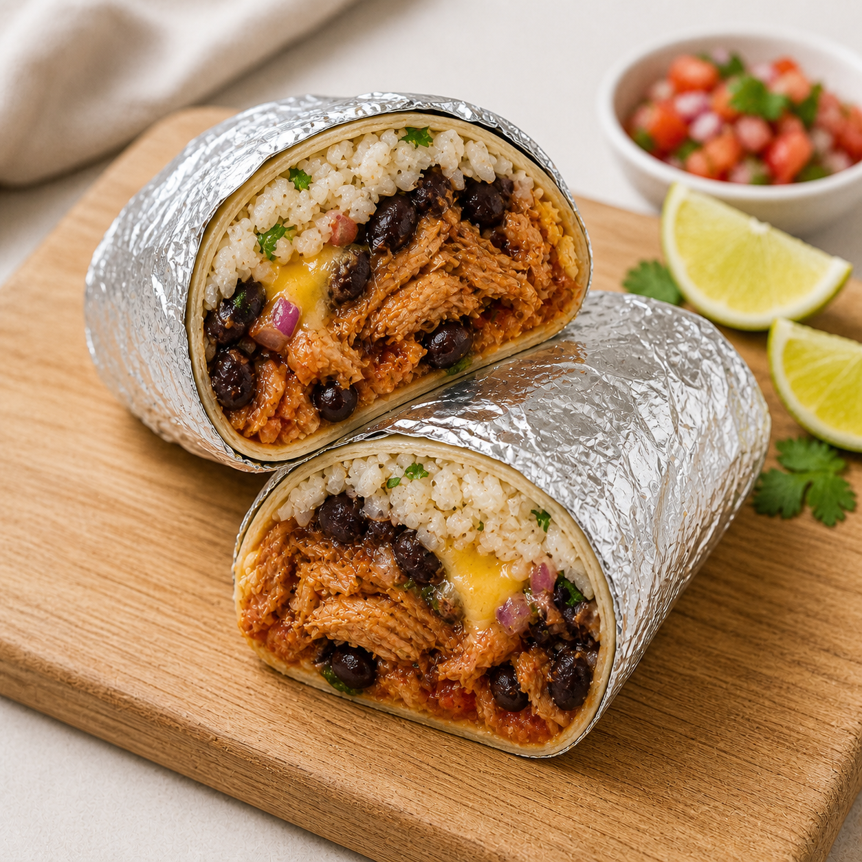 Burrito cut in half showing rice, beans, meat and cheese filling