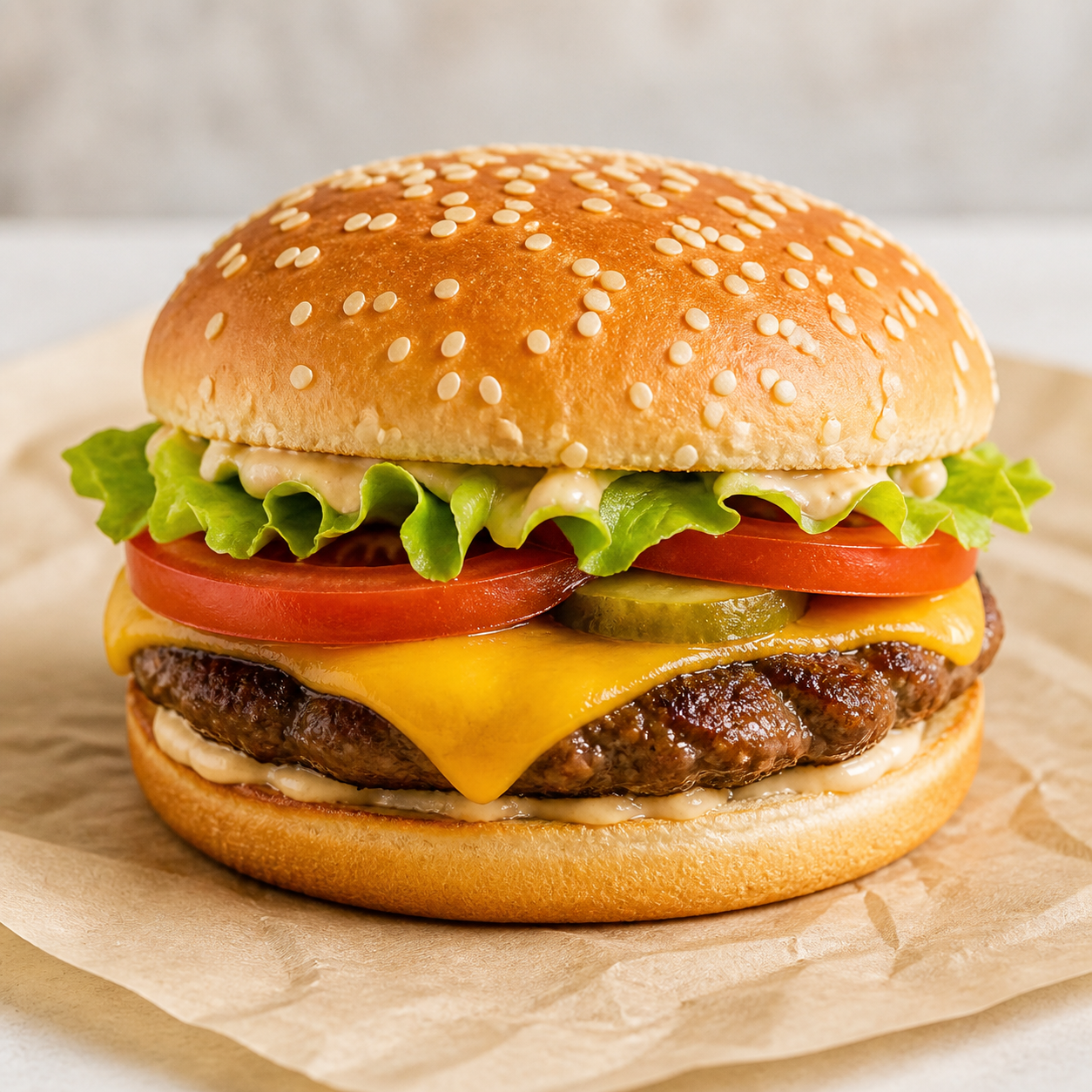 Classic cheeseburger with melted cheese on a sesame bun
