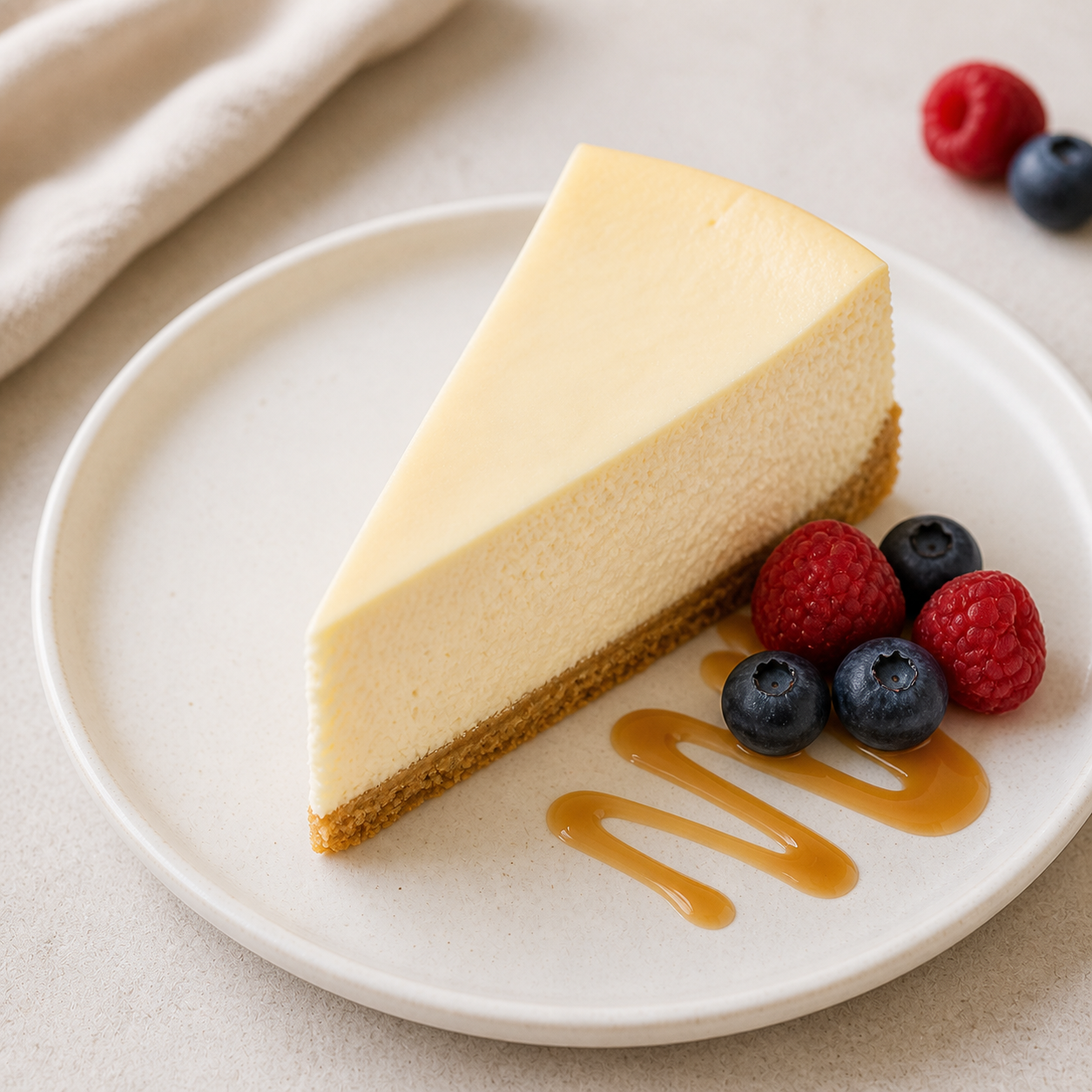 A creamy slice of New York cheesecake with a graham-cracker crust