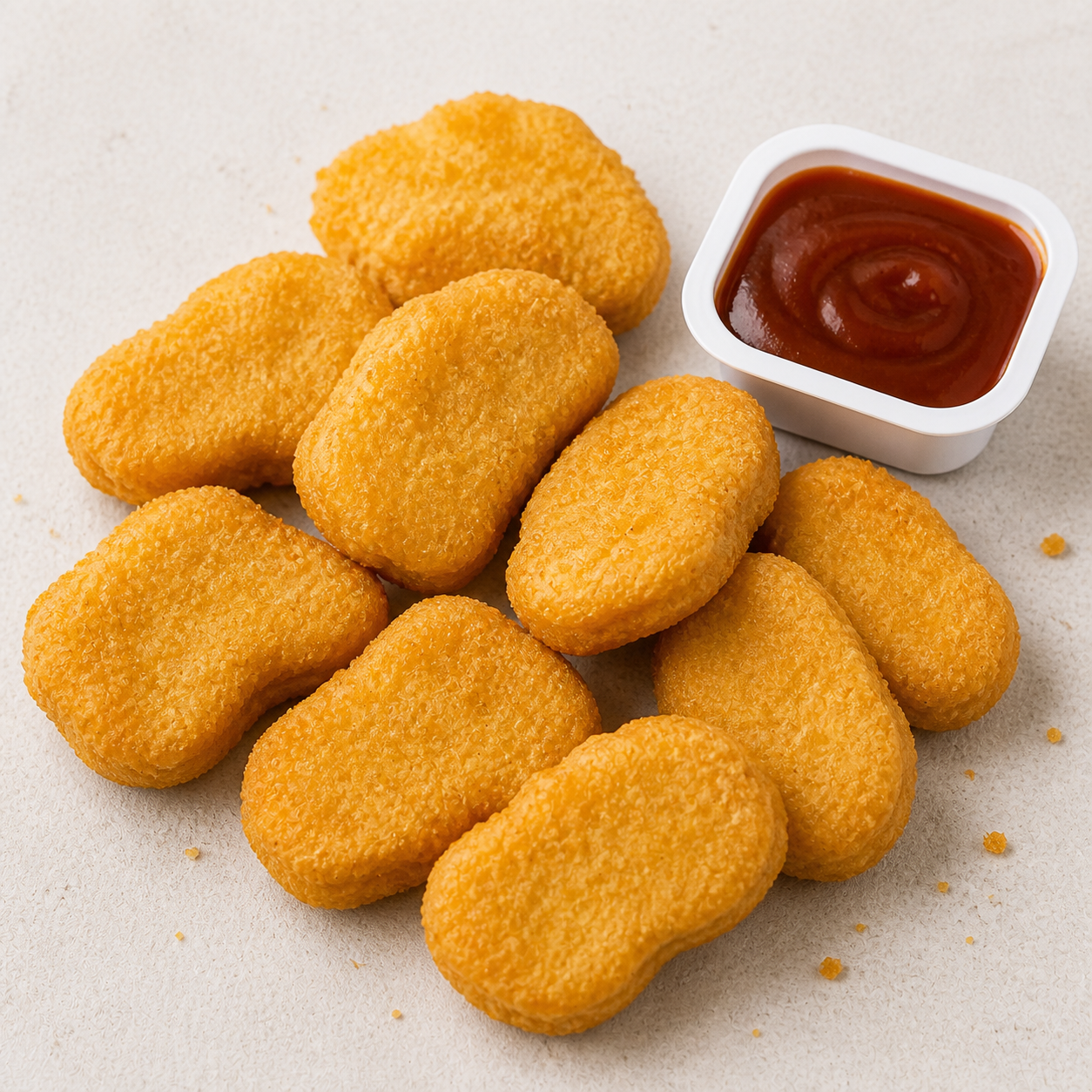 Golden breaded chicken nuggets arranged beside an open dipping-sauce cup on a light surface