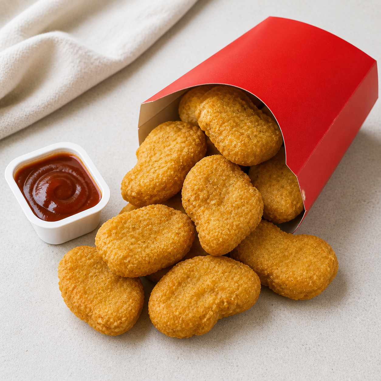 Box of golden Chicken McNuggets with a dipping sauce cup