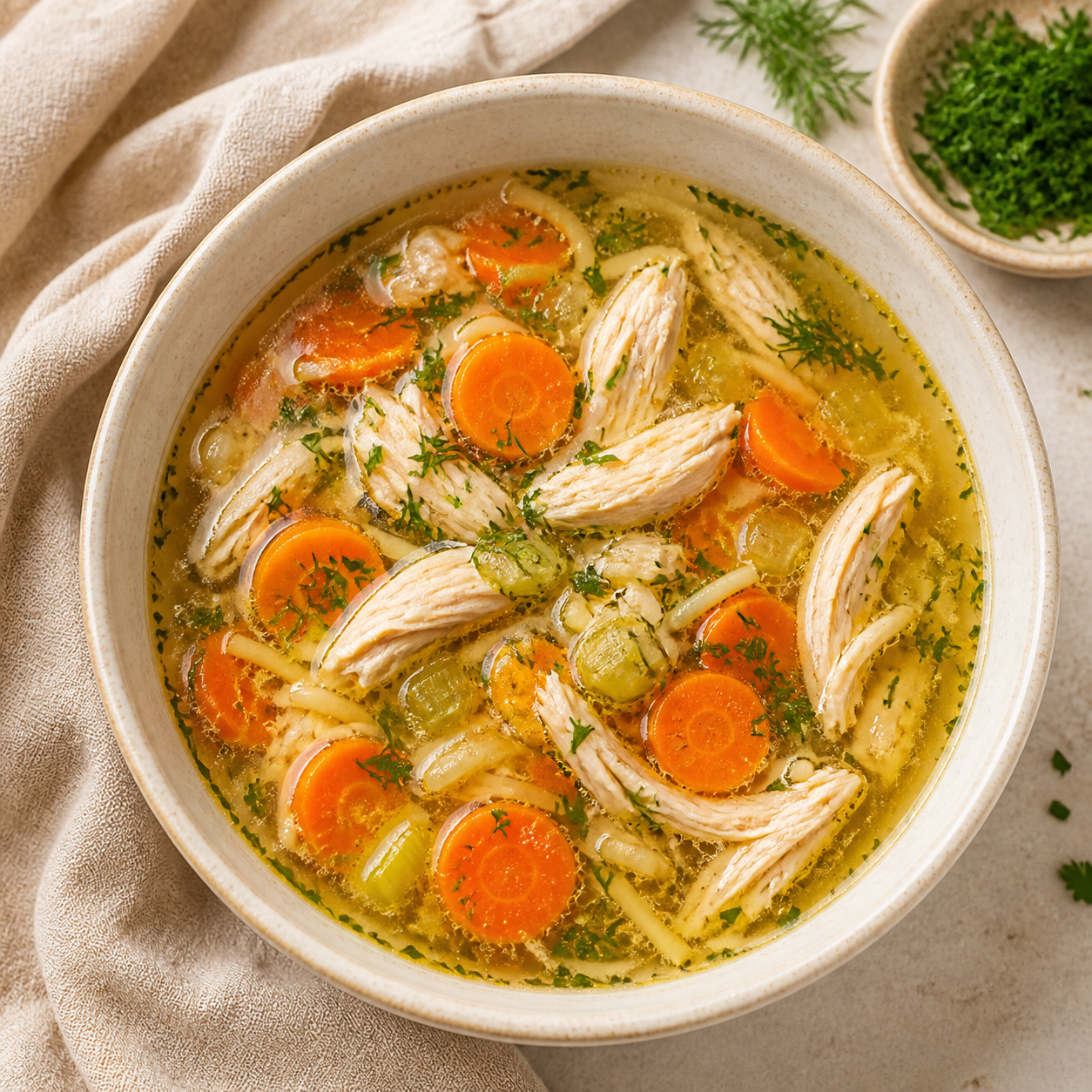 Bowl of chicken soup with vegetables