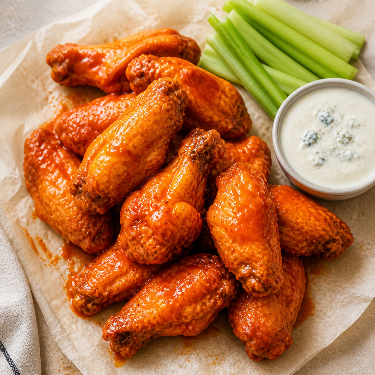 Pile of glossy buffalo chicken wings with celery and dip