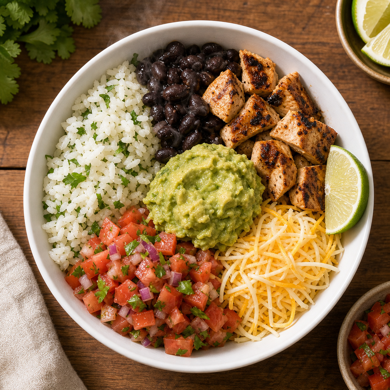 Burrito bowl with rice, black beans, grilled chicken, cheese and guacamole