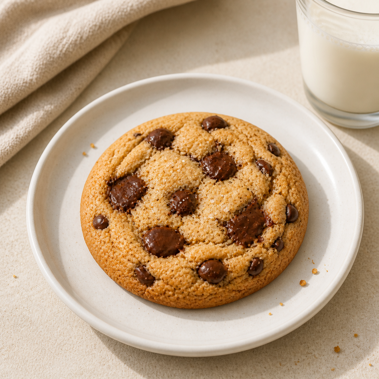 A single golden chocolate chip cookie with melty chocolate chunks on a white plate