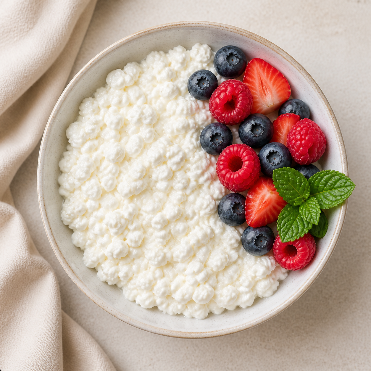 Bowl of small-curd cottage cheese with fresh berries on a light surface