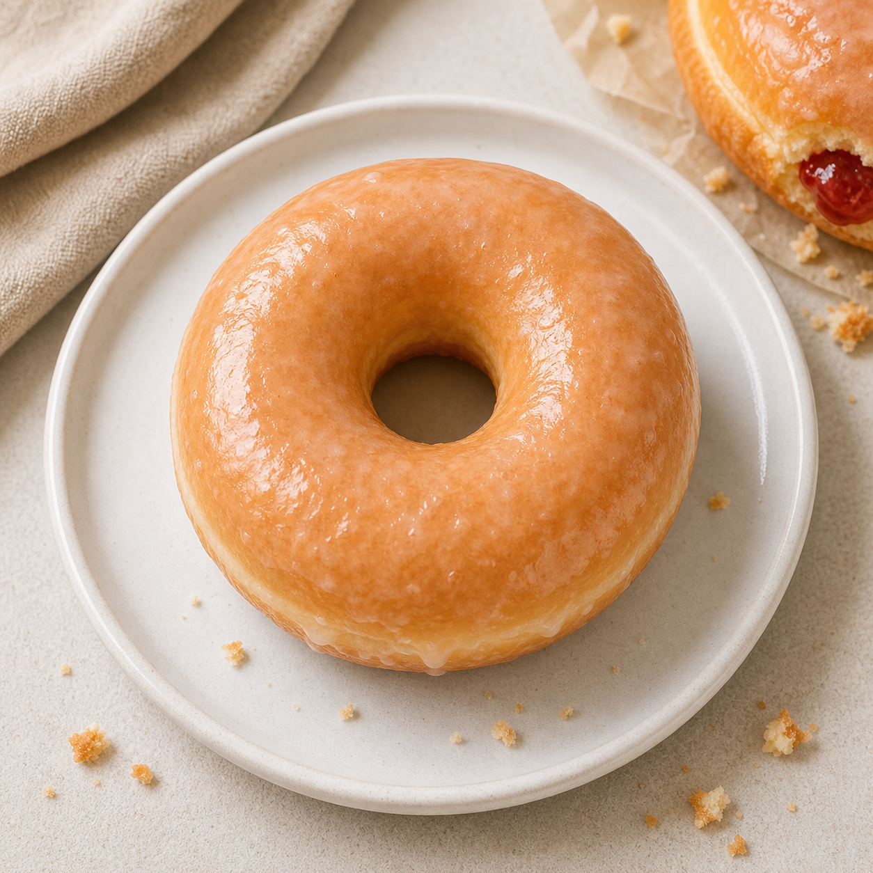 A single glazed ring donut with glossy sugar glaze on a white plate