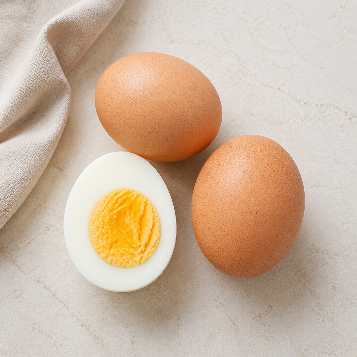 A halved boiled egg next to whole eggs on a light surface