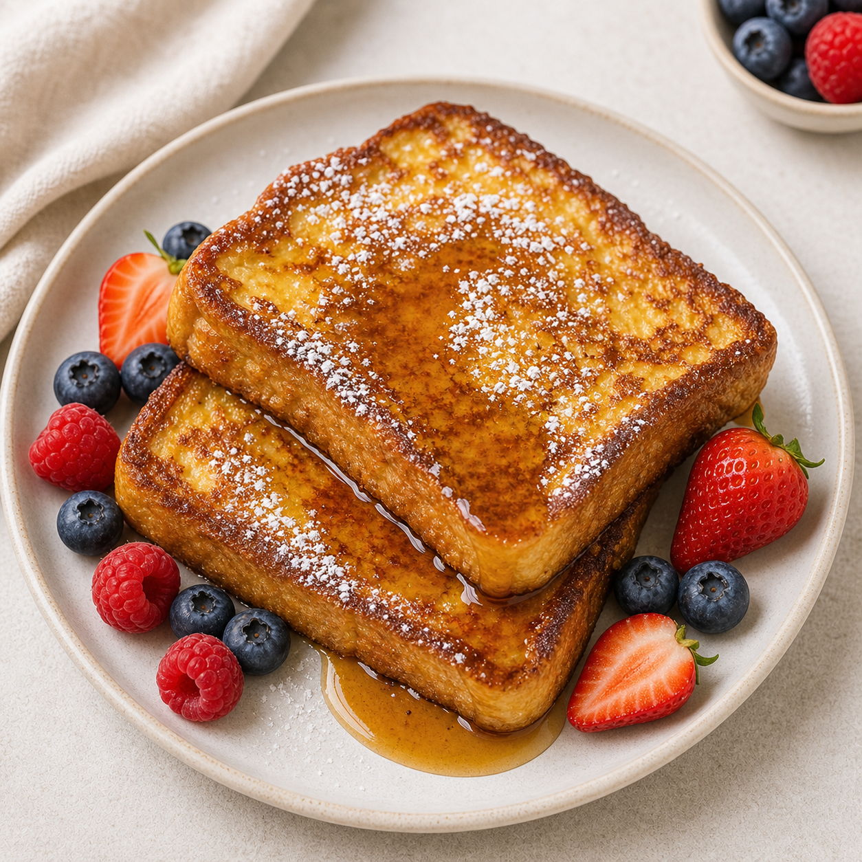 Two golden slices of french toast with maple syrup, powdered sugar and fresh berries
