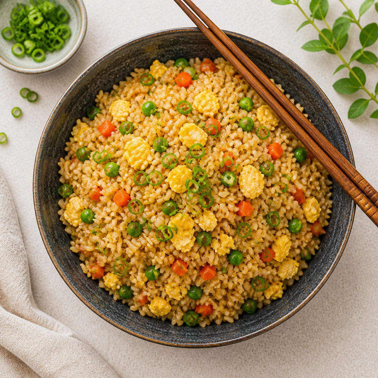Bowl of fried rice with egg, scallions and vegetables