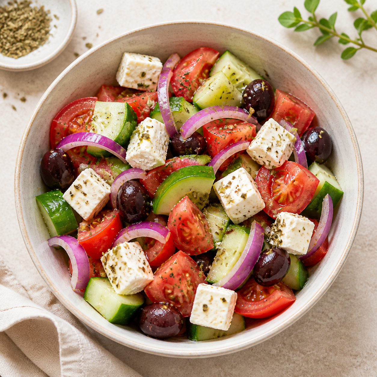 Greek salad with tomatoes, cucumbers, feta and olives