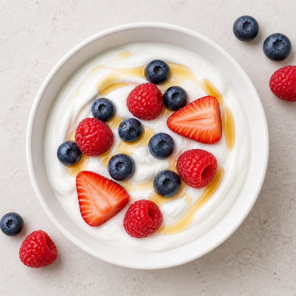 Bowl of plain Greek yogurt topped with fresh berries