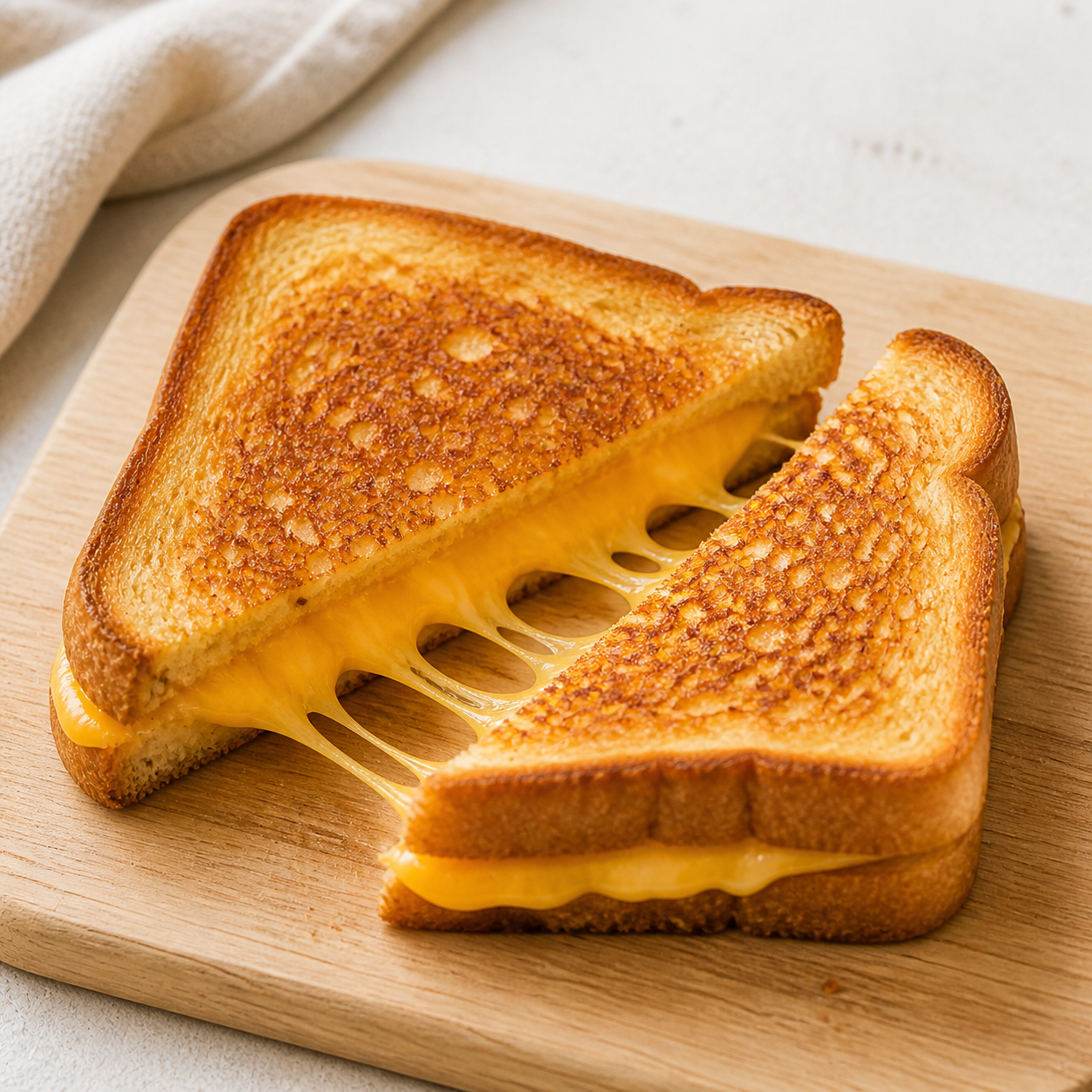 Golden grilled cheese sandwich cut in half with melted cheese stretching between the pieces