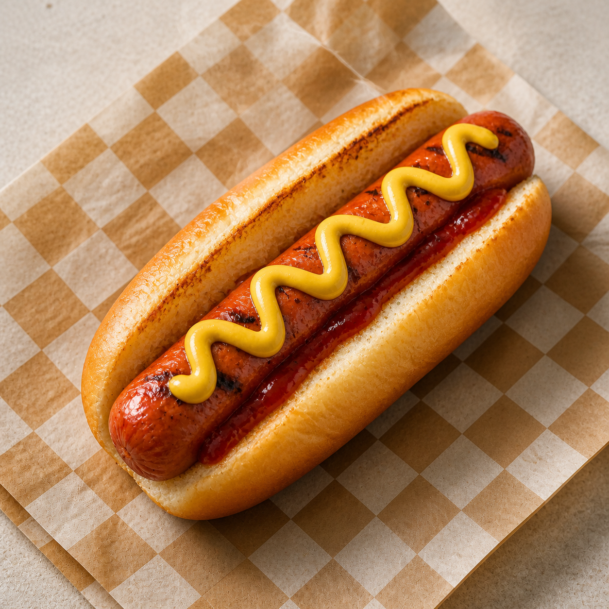 A grilled beef hot dog in a soft bun with mustard and ketchup