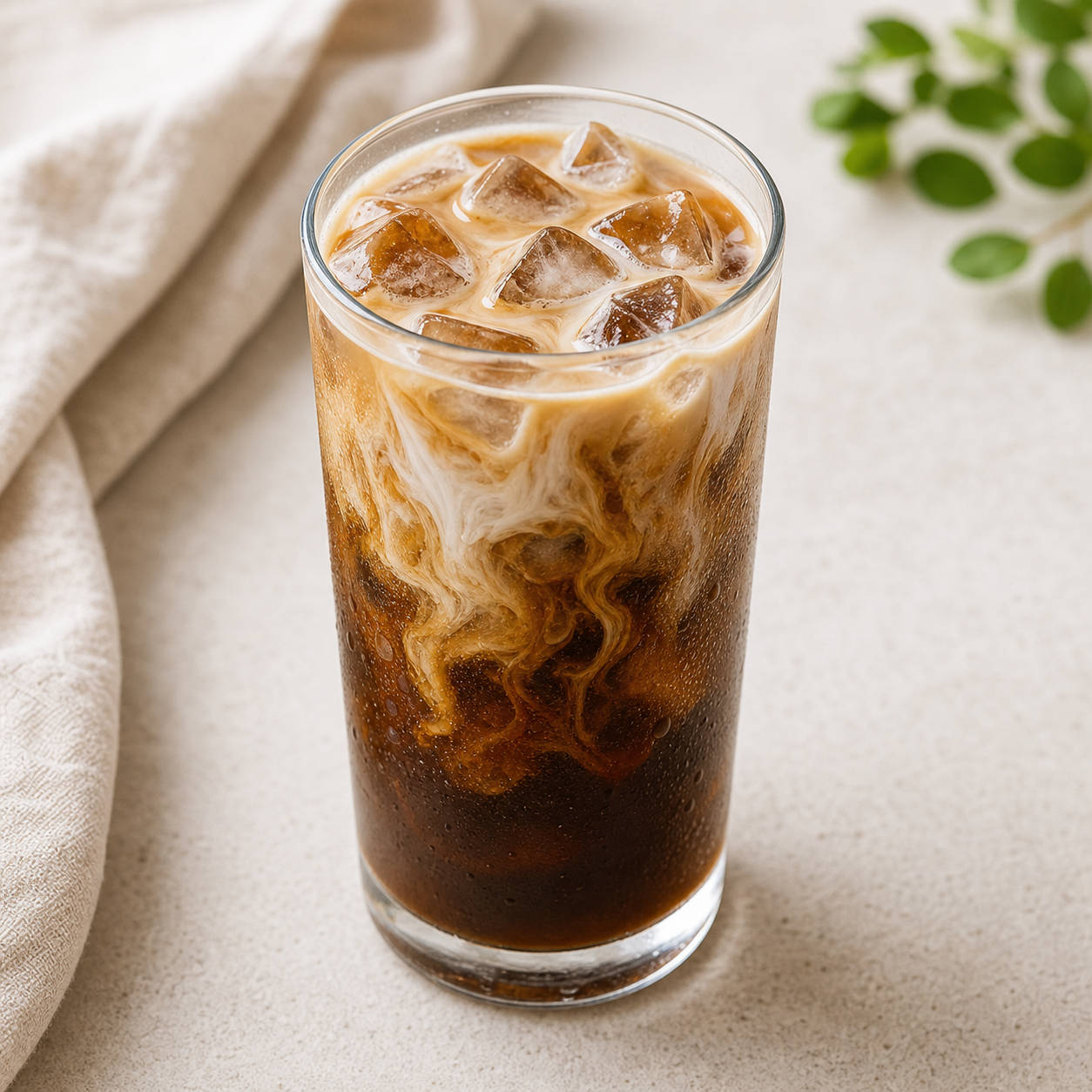 Tall glass of iced coffee with milk swirling over ice cubes