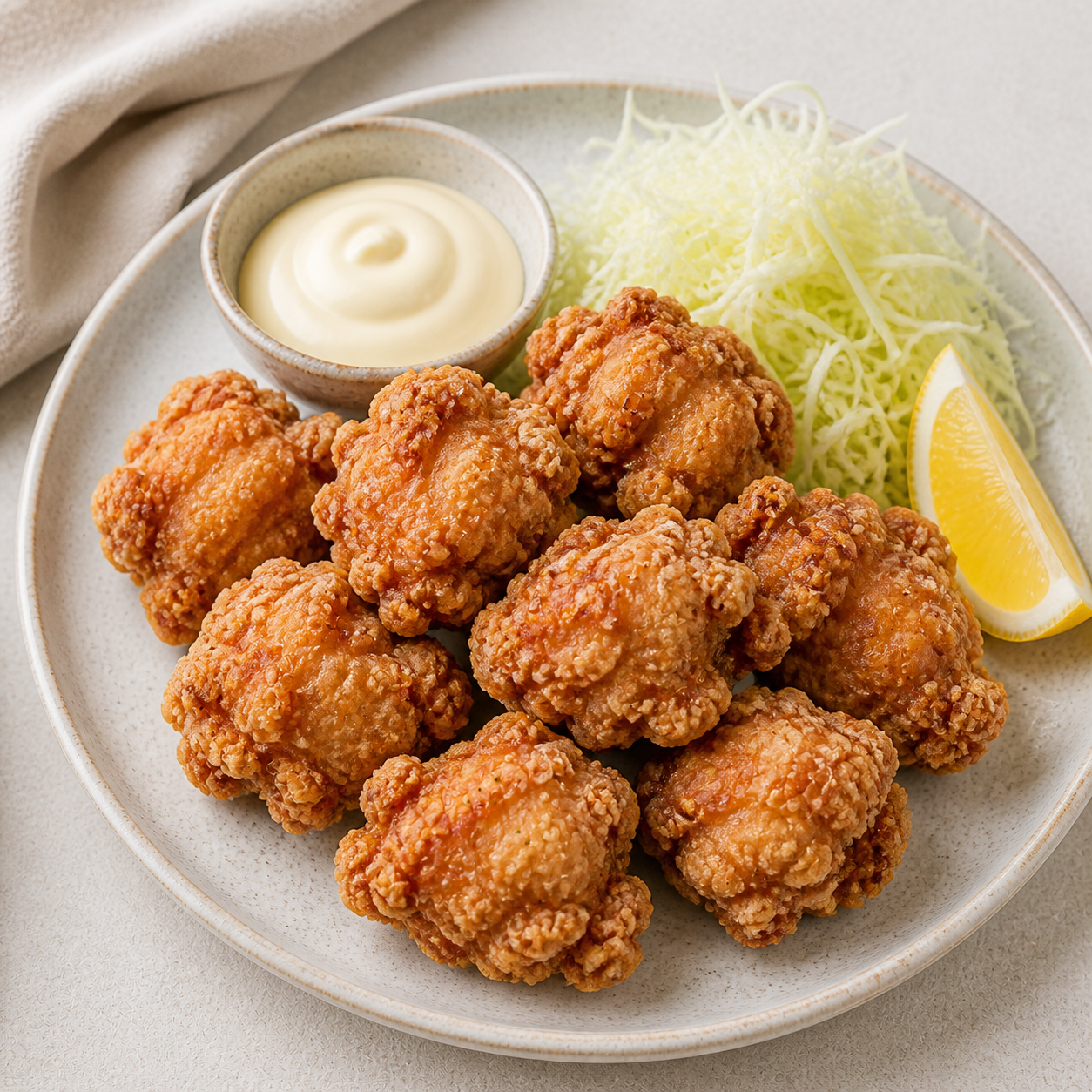 皿に盛られたジューシーな唐揚げ