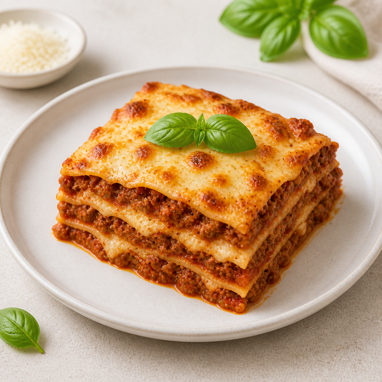 A square slice of baked meat lasagna with melted cheese on a plate
