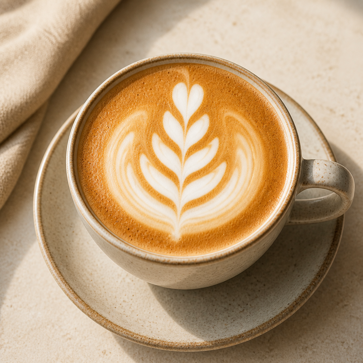 Caffè latte in a glass with latte art on a steamed-milk surface