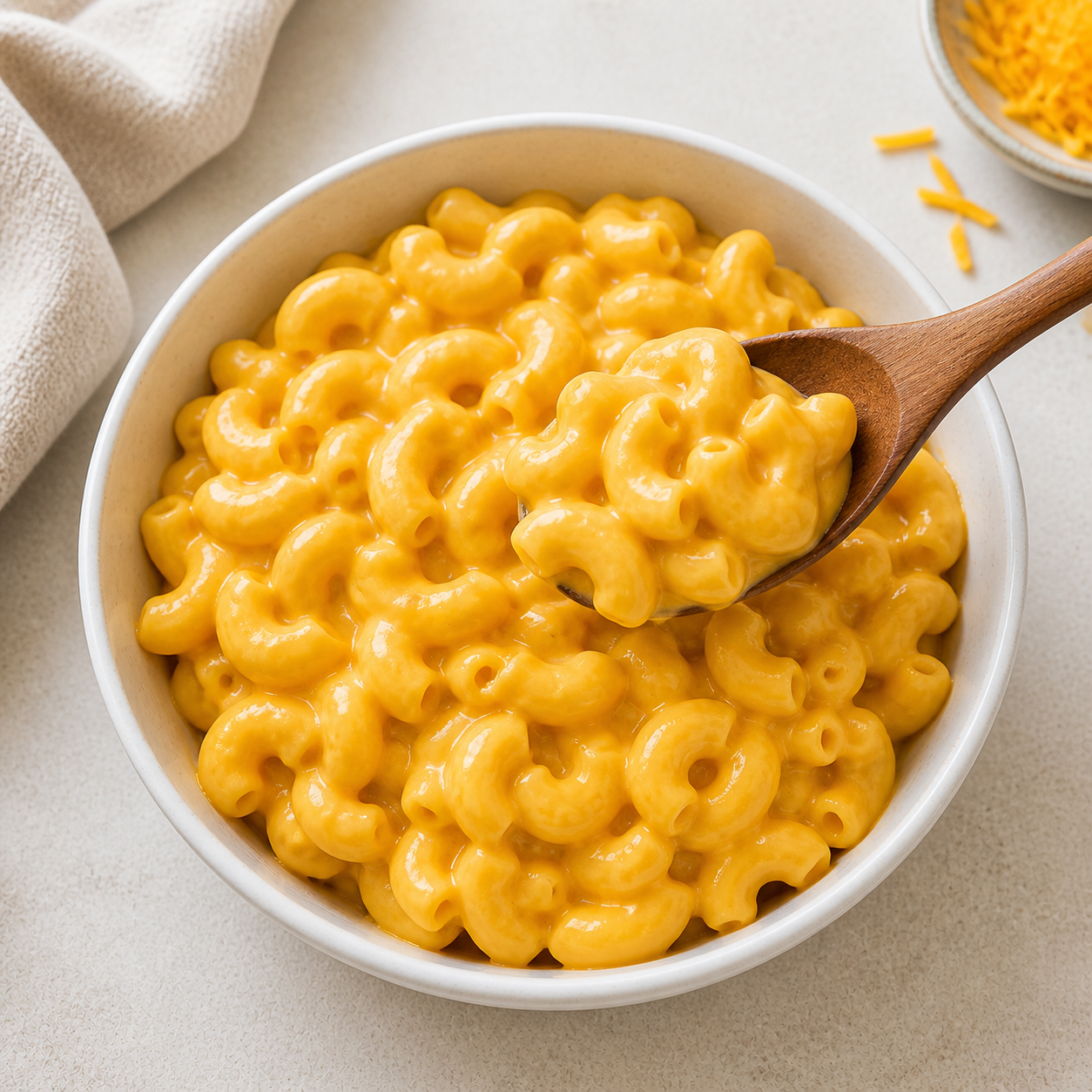 Bowl of creamy mac and cheese with a golden cheese sauce