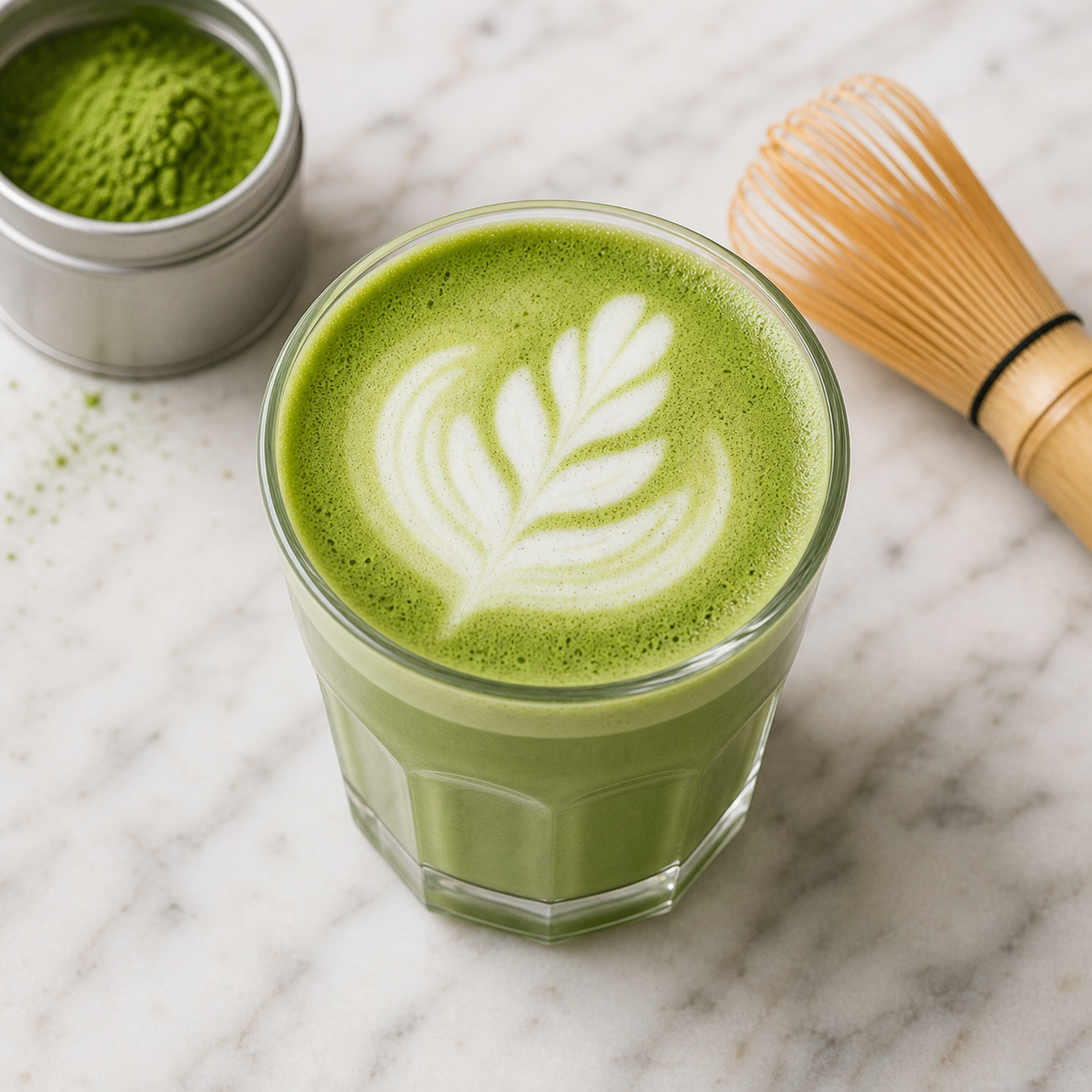 Bright green matcha latte in a clear glass with a thin layer of milk foam