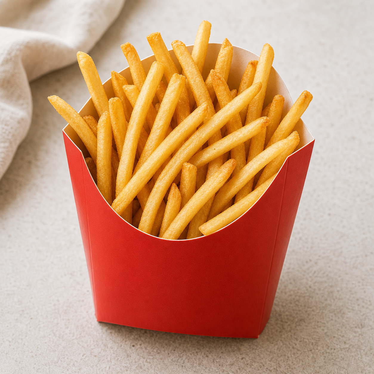 A red carton of McDonald's french fries on a plain background
