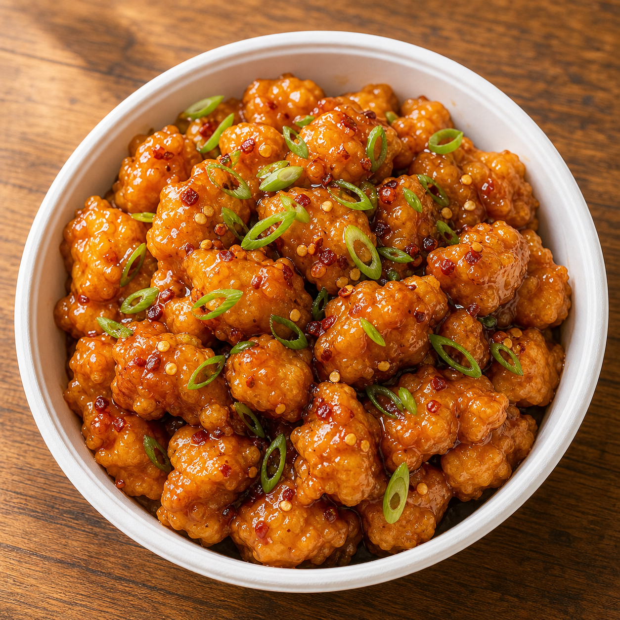 Battered orange chicken pieces in a glossy orange glaze garnished with scallions in a white bowl