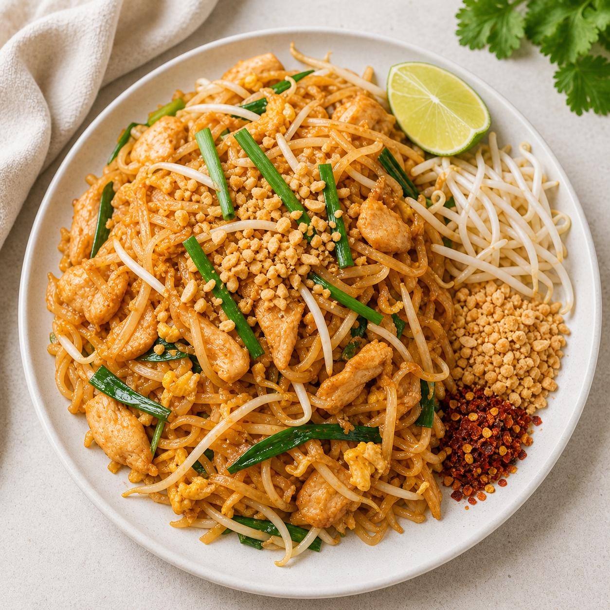 Plate of chicken pad thai with rice noodles, crushed peanuts, bean sprouts and a lime wedge