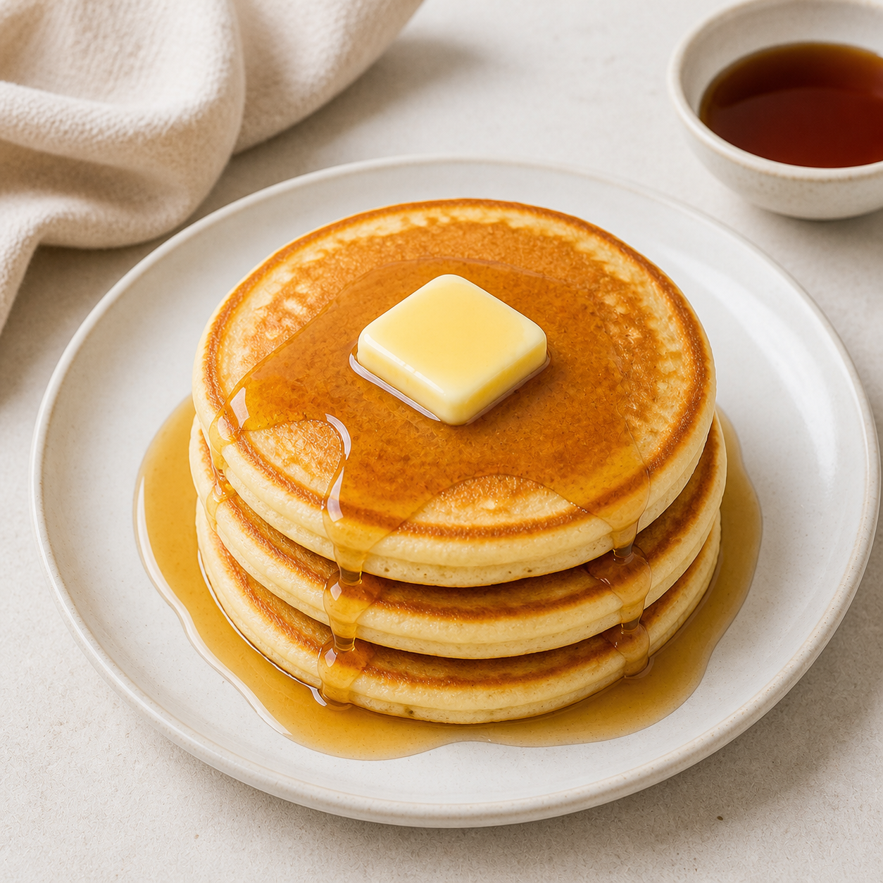 Stack of three golden pancakes topped with a pat of butter and maple syrup