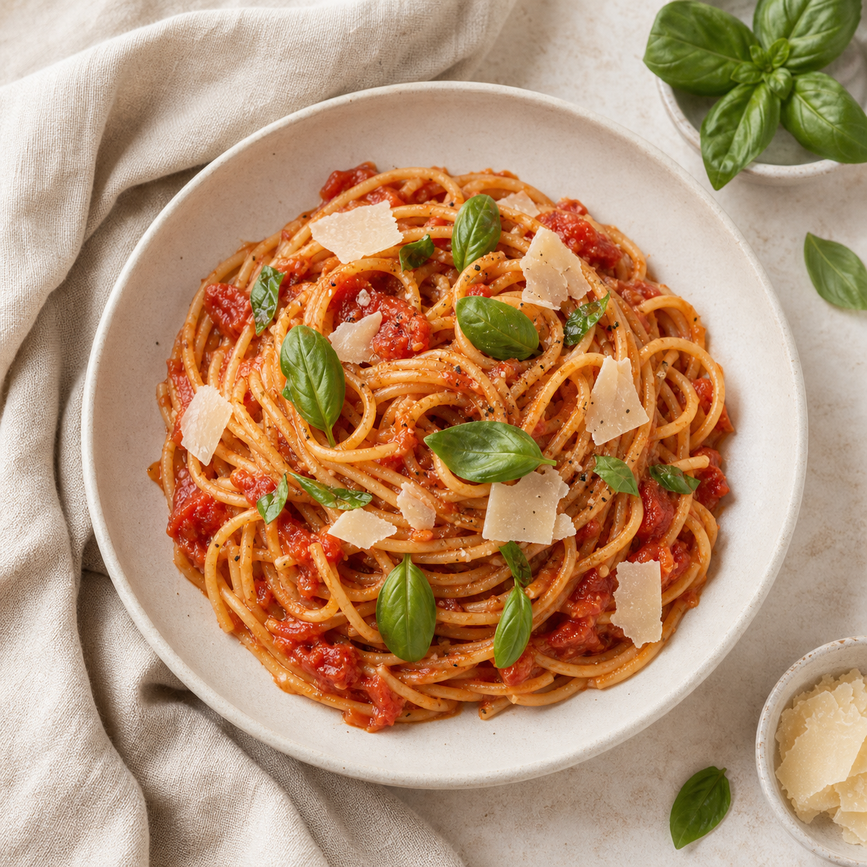 Bowl of tomato pasta with herbs