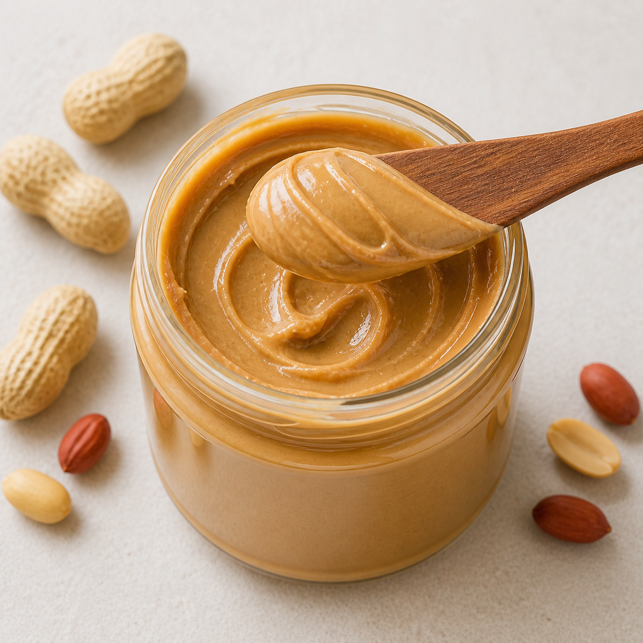 A jar of peanut butter with a knife scooping a spoonful