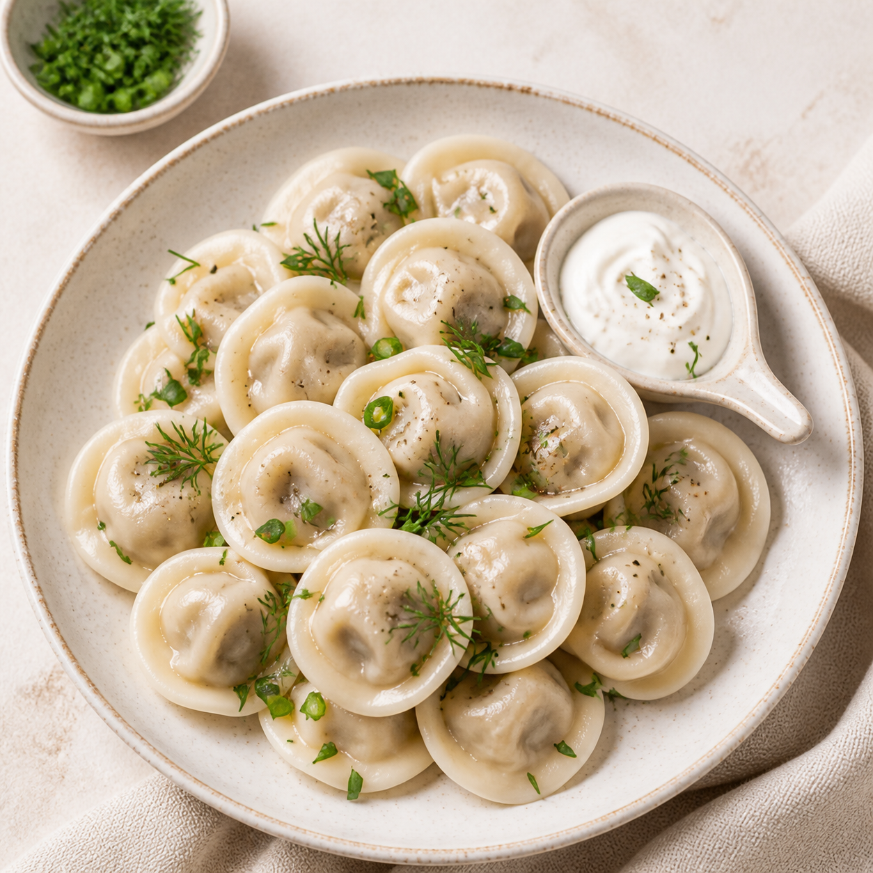 Plate of pelmeni dumplings with herbs