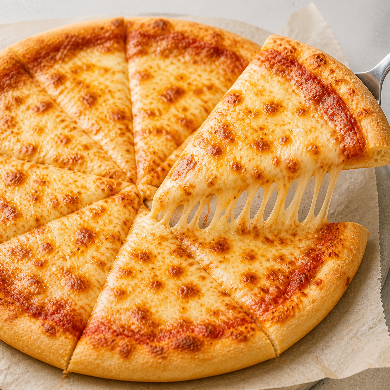 A single slice of cheese pizza lifted from a whole pie, melted cheese stretching