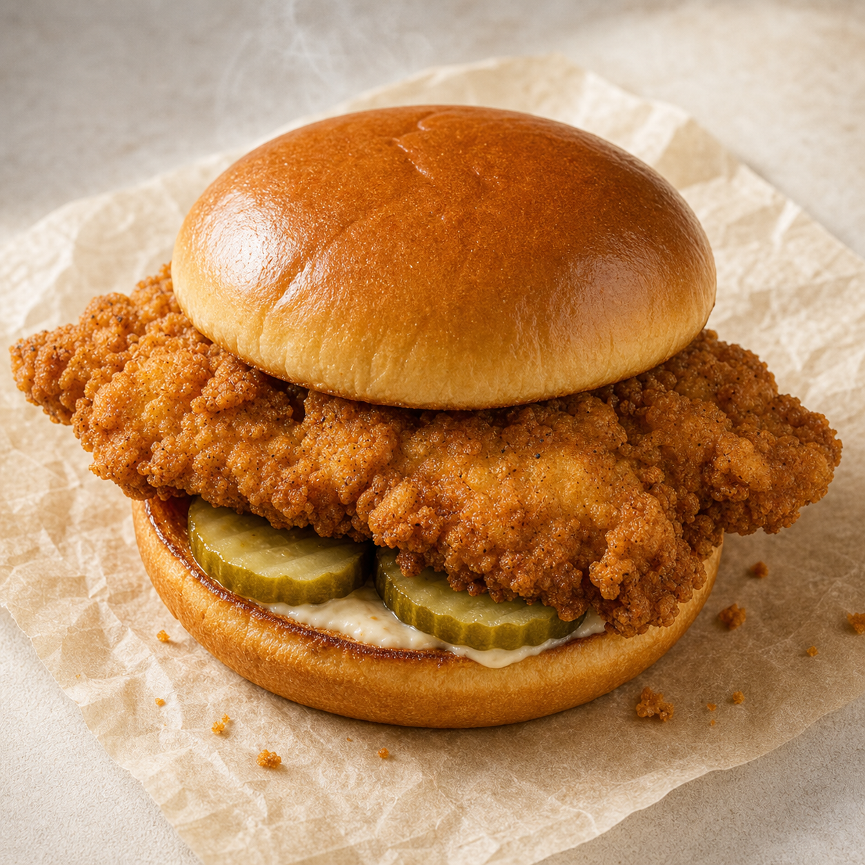 Crispy hand-breaded fried chicken fillet on a toasted brioche bun with pickle chips and mayo on neutral parchment