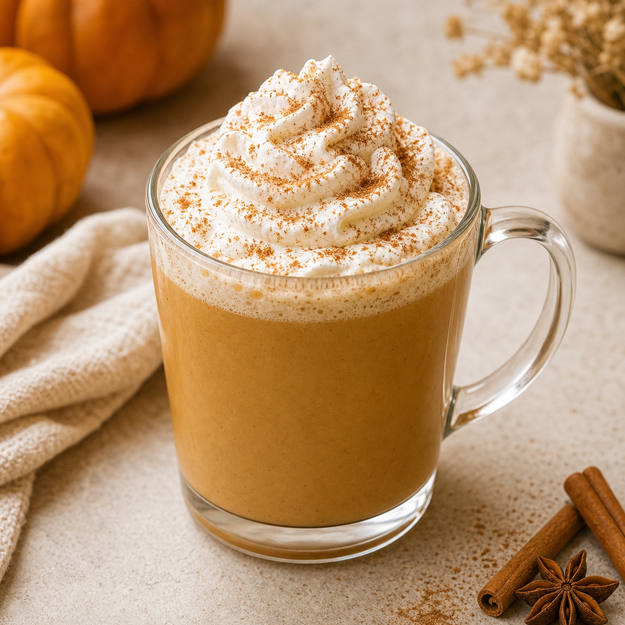 Pumpkin spice latte in a clear glass topped with whipped cream and a dusting of cinnamon