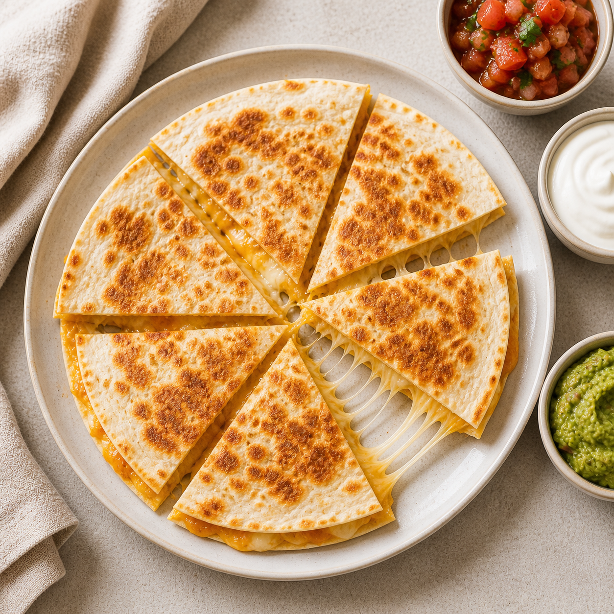 Golden flour-tortilla cheese quesadilla cut into wedges with melted cheese pulling between two pieces