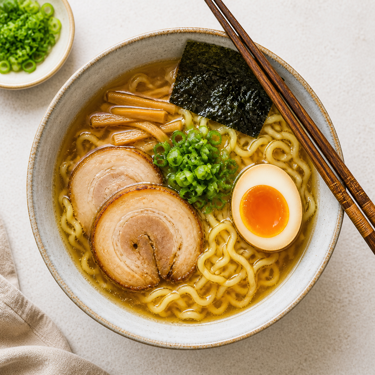 Bowl of ramen with noodles, broth, sliced pork, a soft egg and green onions