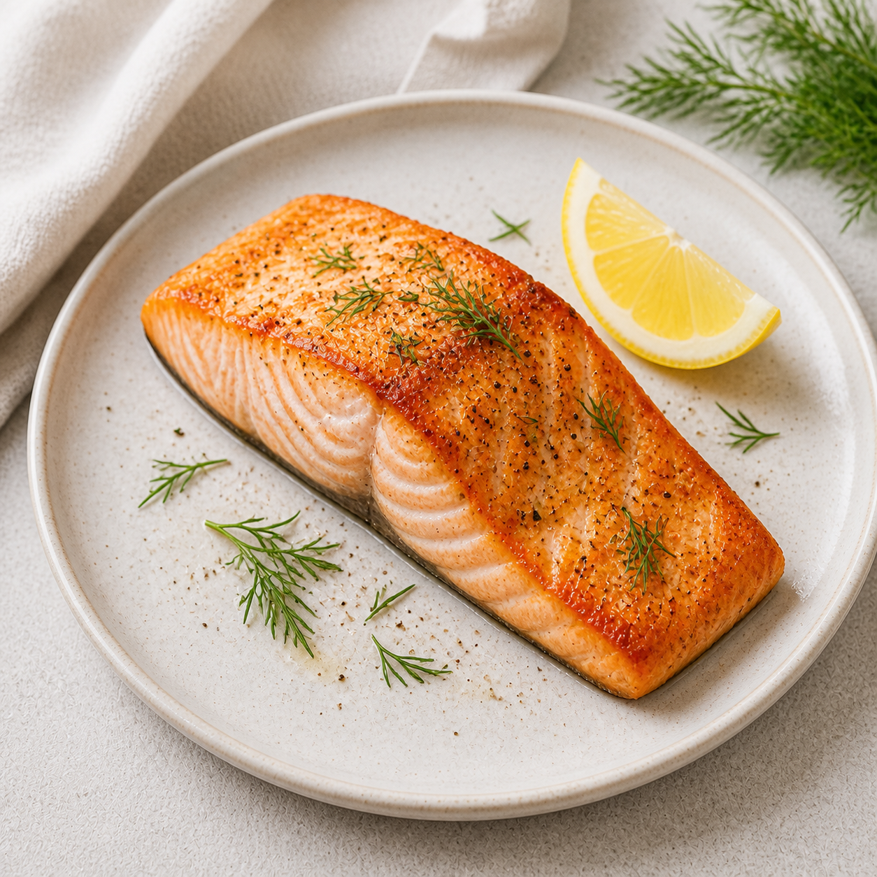 Cooked salmon fillet with crisp surface and flaky pink flesh on a plate