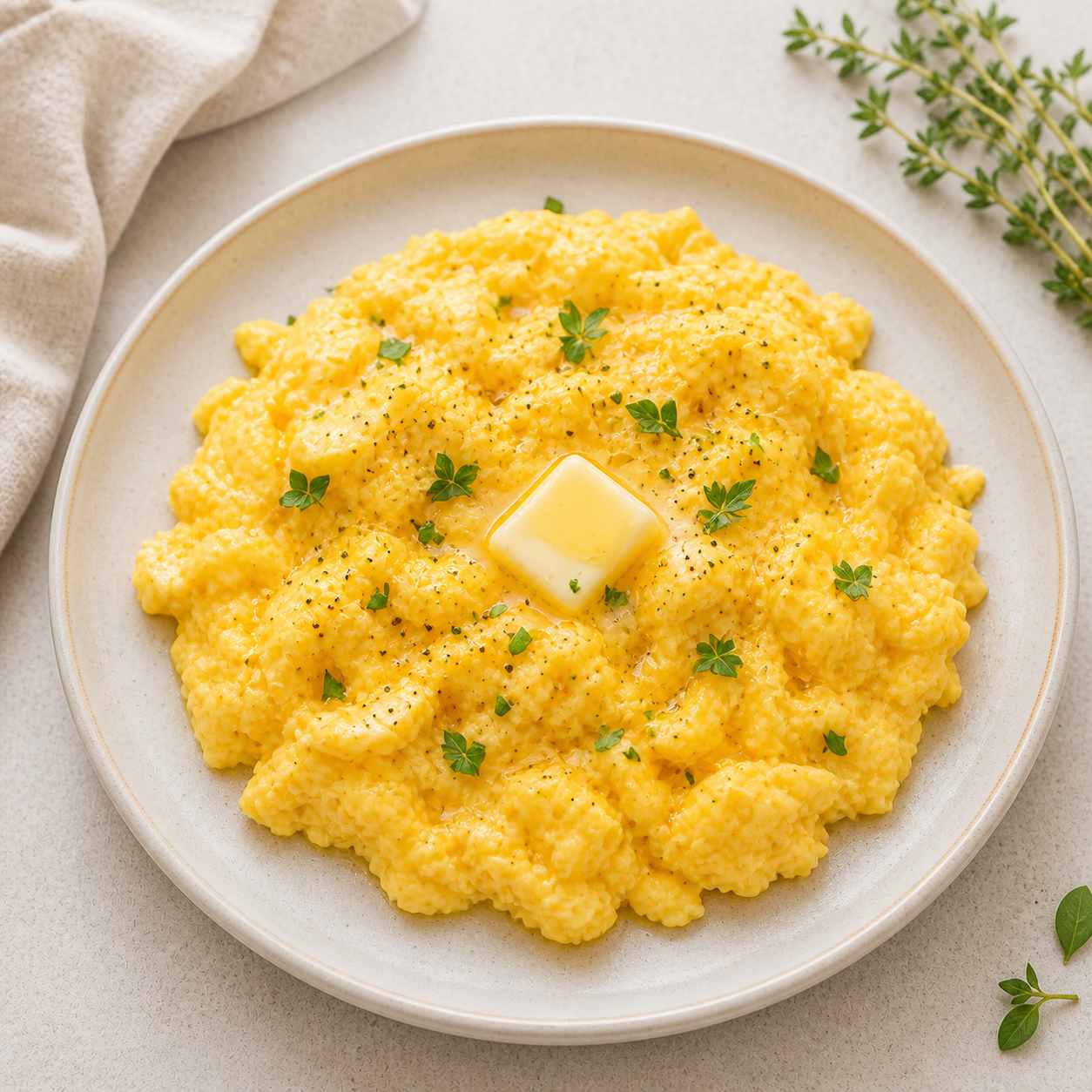 Soft scrambled eggs on a plate with a fork