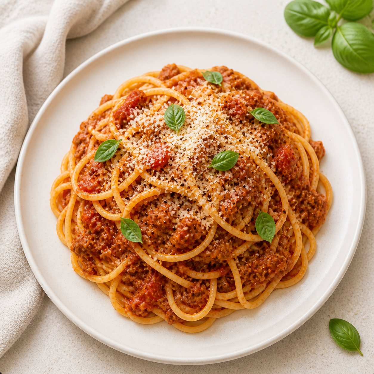 Plate of spaghetti bolognese topped with grated parmesan