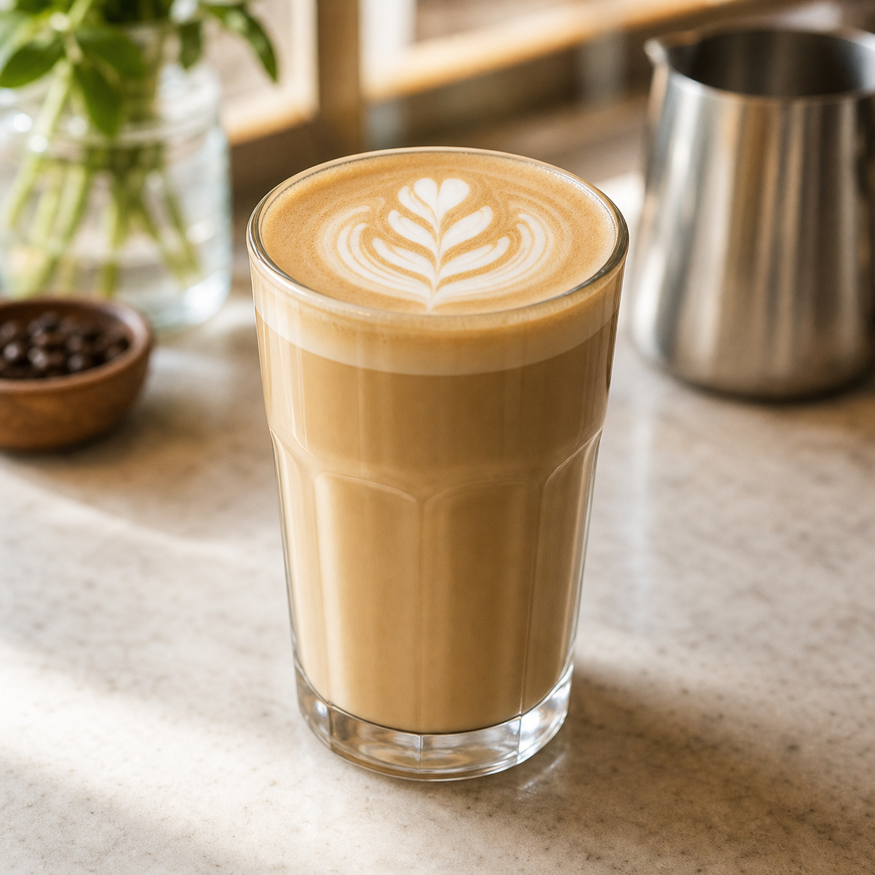Starbucks-style grande latte in a clear cup with latte art foam