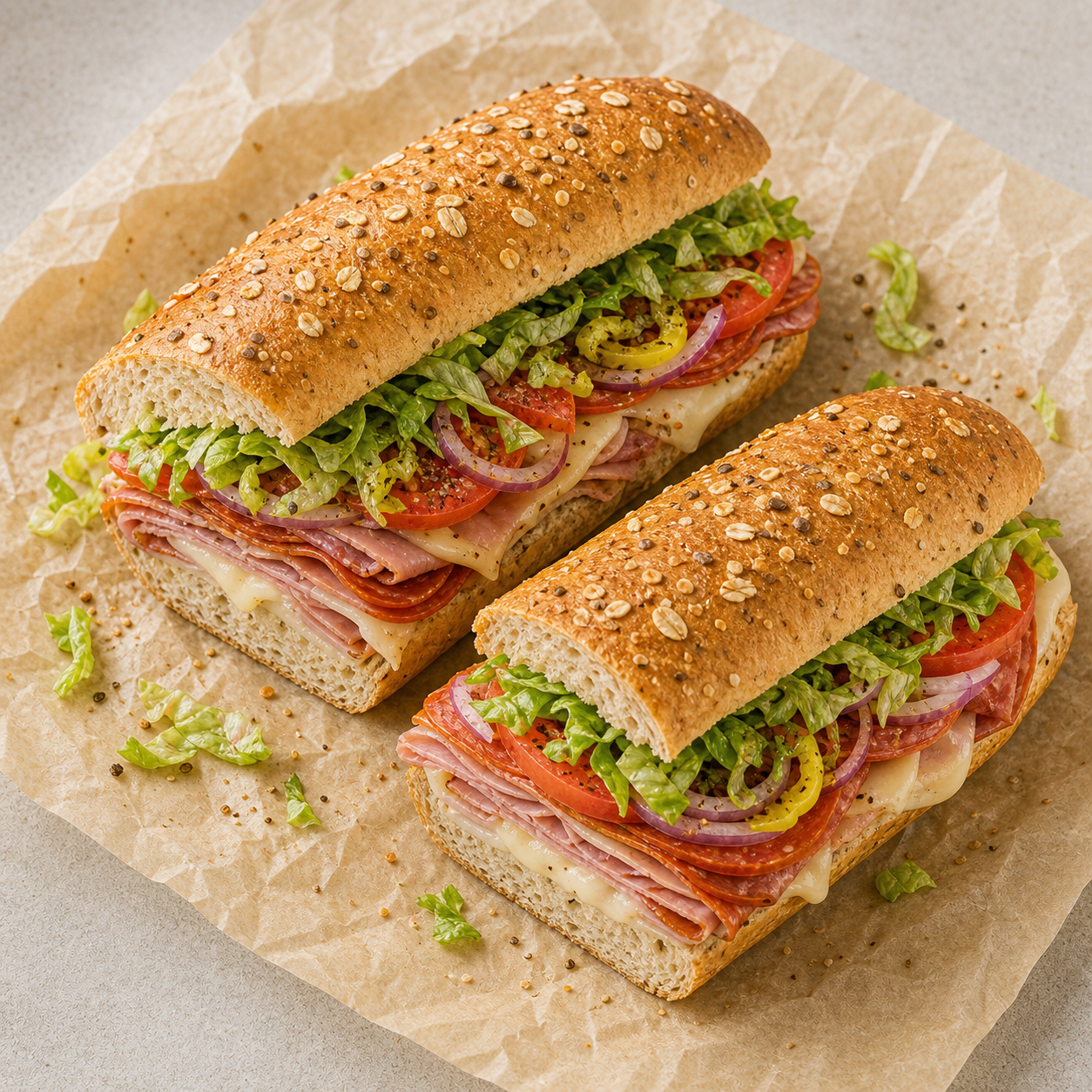 Сэндвич footlong, разрезанный пополам: слои мясной нарезки, сыр, салат, помидор и лук на мягкой булке