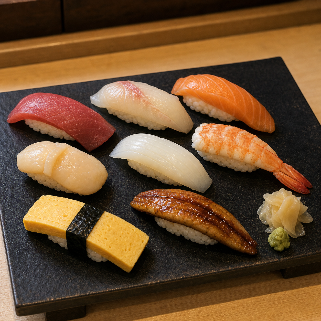 Assorted Japanese nigiri sushi on a dark plate