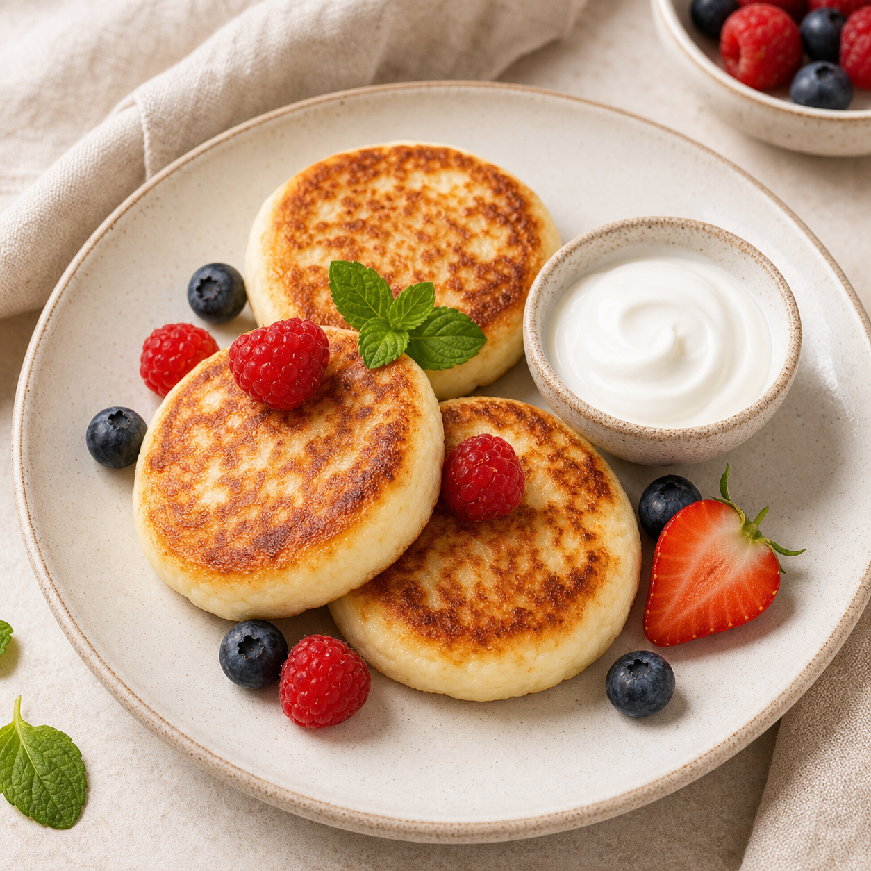Cottage cheese syrniki pancakes with berries