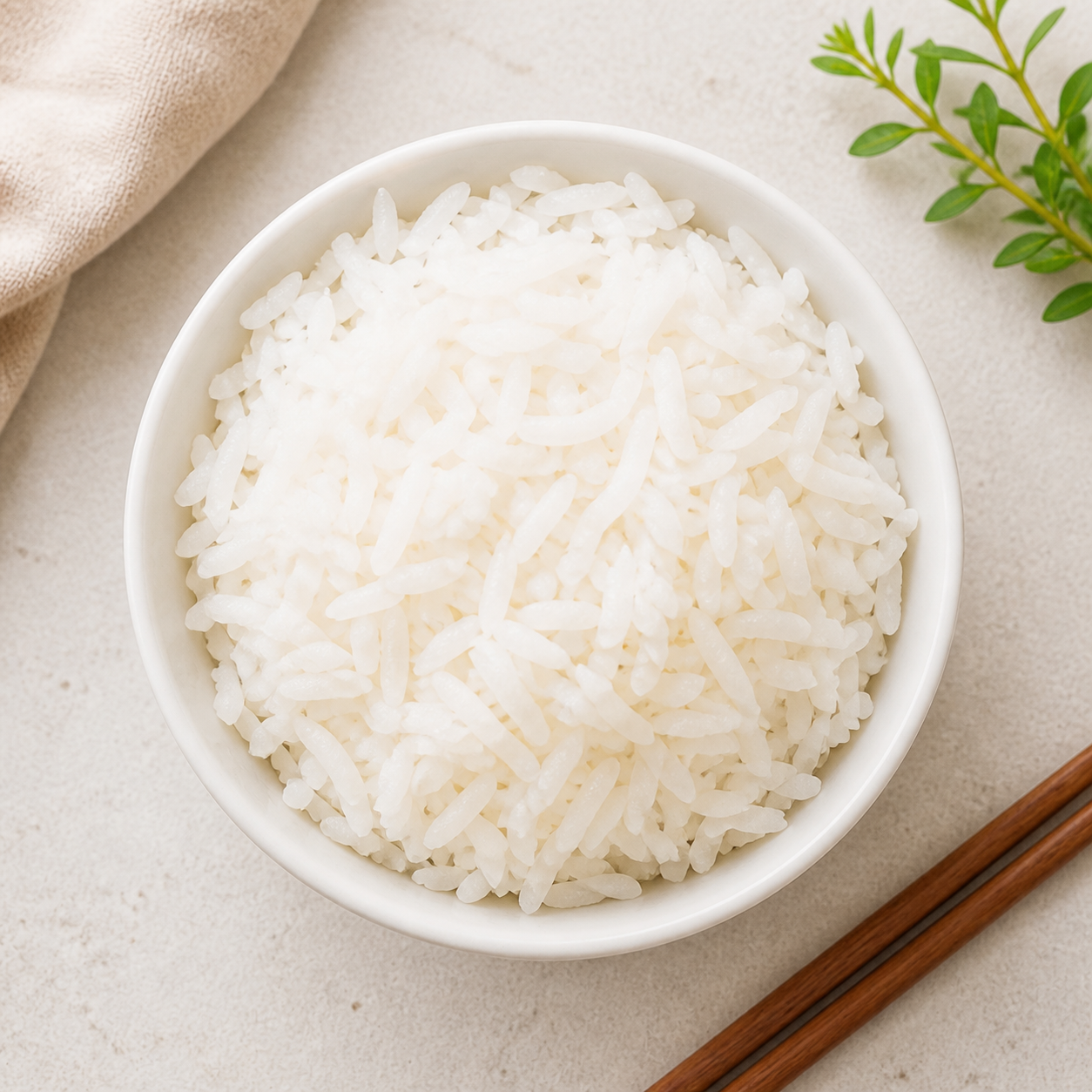 Bowl of fluffy cooked white rice on a light table