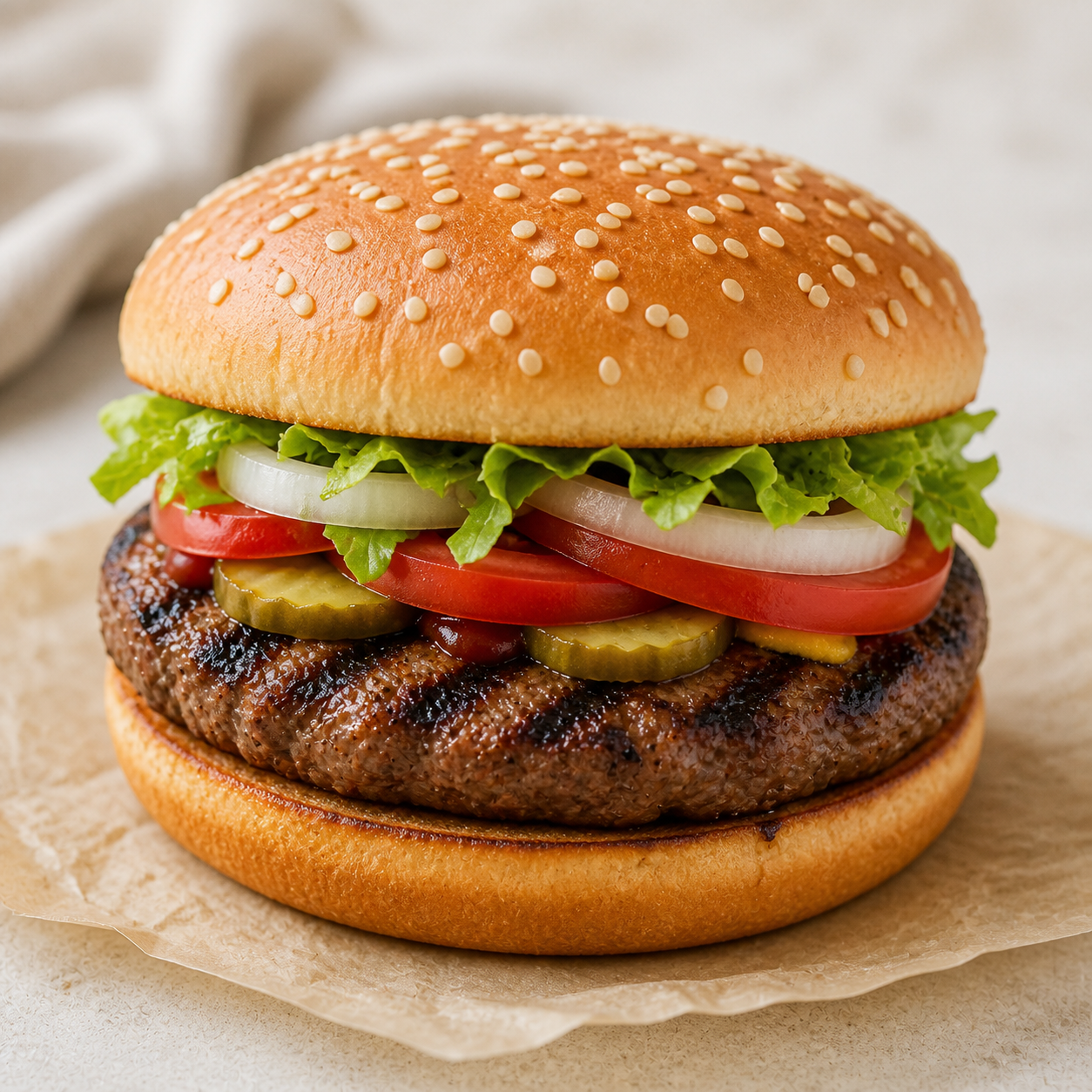 Flame-grilled beef Whopper burger with lettuce, tomato and onion on a sesame bun